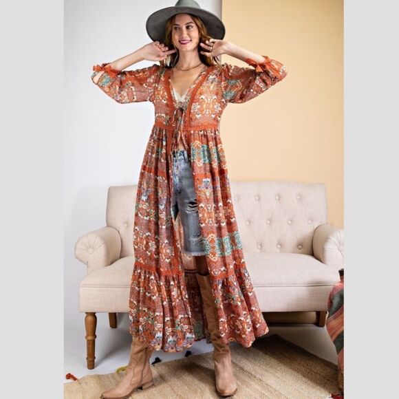 Tie Waist Boho Geo Print Breezy Ruffle Maxi Kimono Duster - Picture 1 of 6